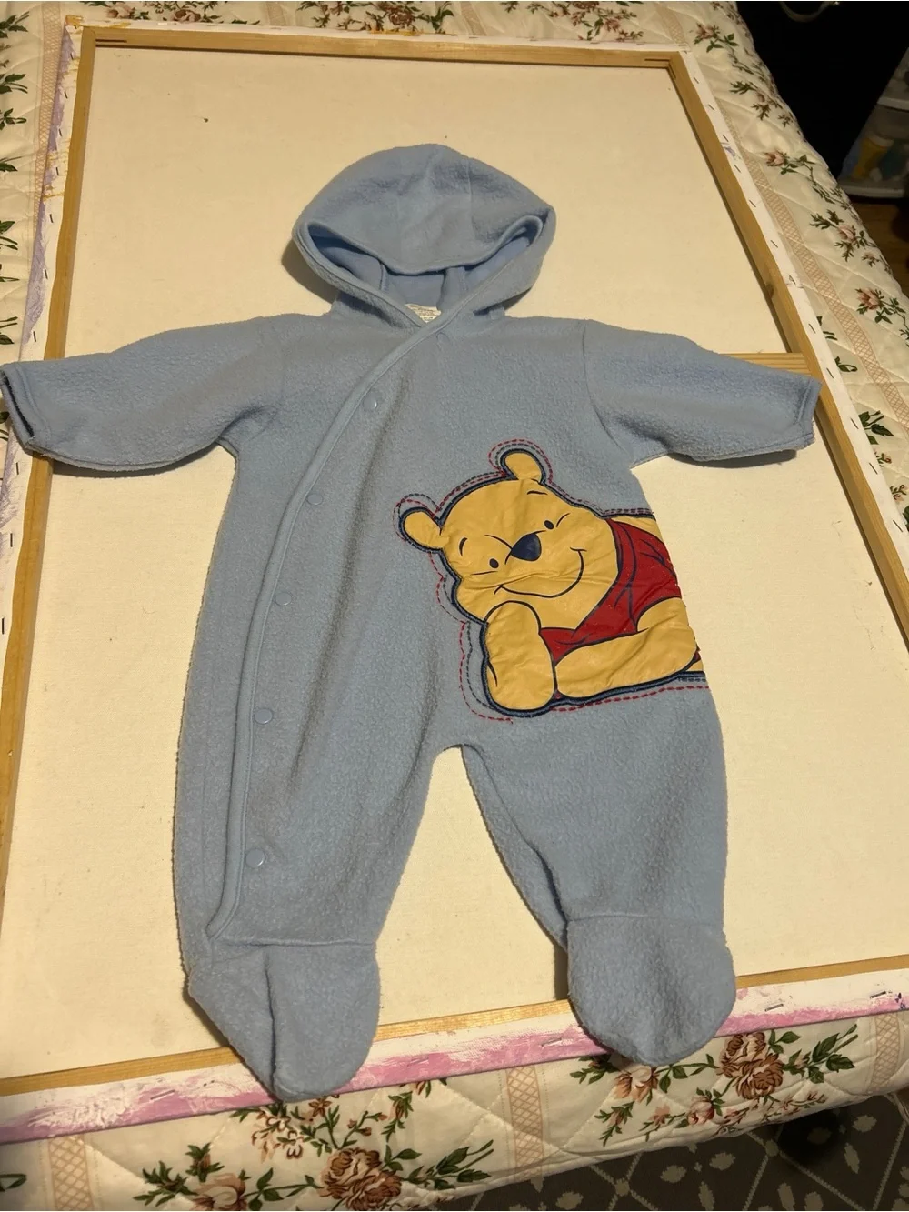 Unbranded Baby Blue Hooded One-Piece with Winnie Bear Appliqué